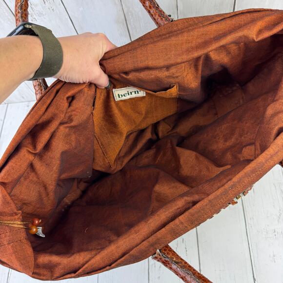 VTG Beirn Brown Cotton Raffia and Leather Trim Shoulder Tote Bag Hand Made - Picture 11 of 15